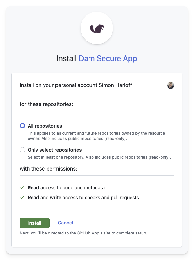 GitHub App install and consent flow.