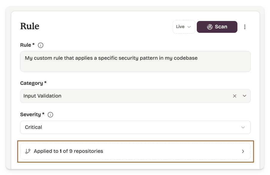 Applied Repositories mapping showing auto-selected projects for a rule.