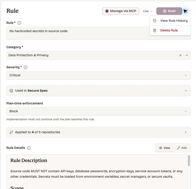 Rule editor showing rule actions, product selection, and plan-time enforcement.