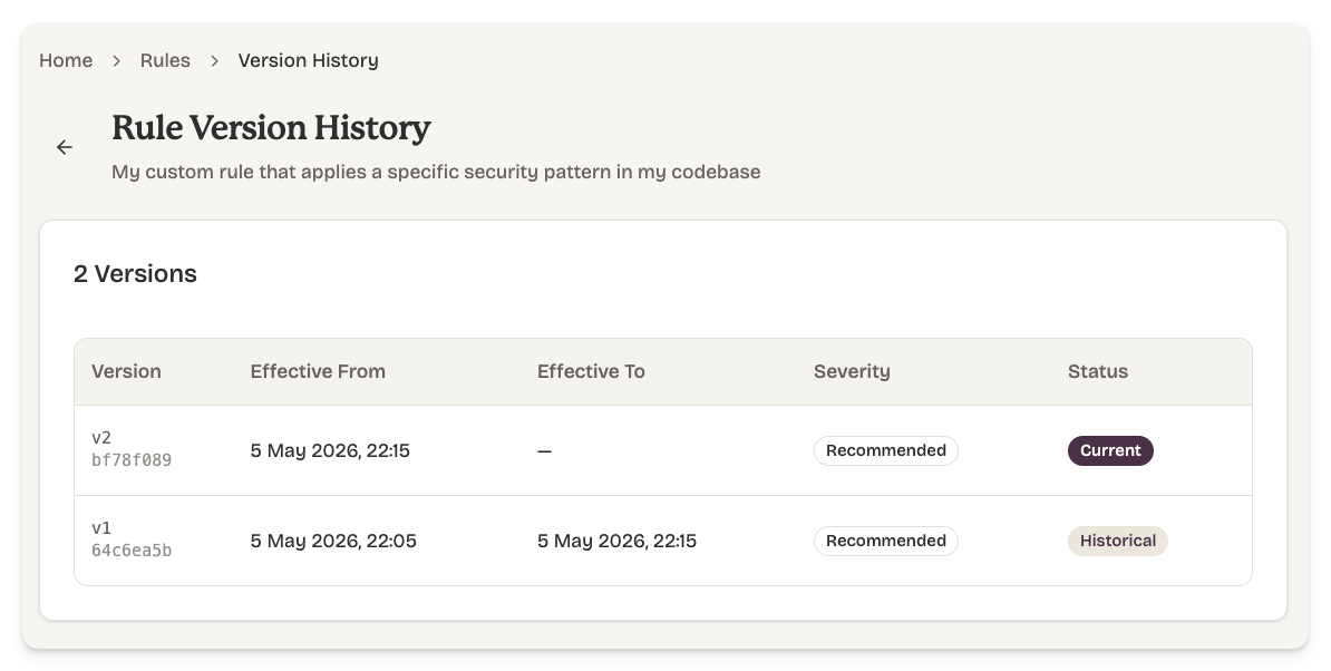 Rule version history showing prior revisions.