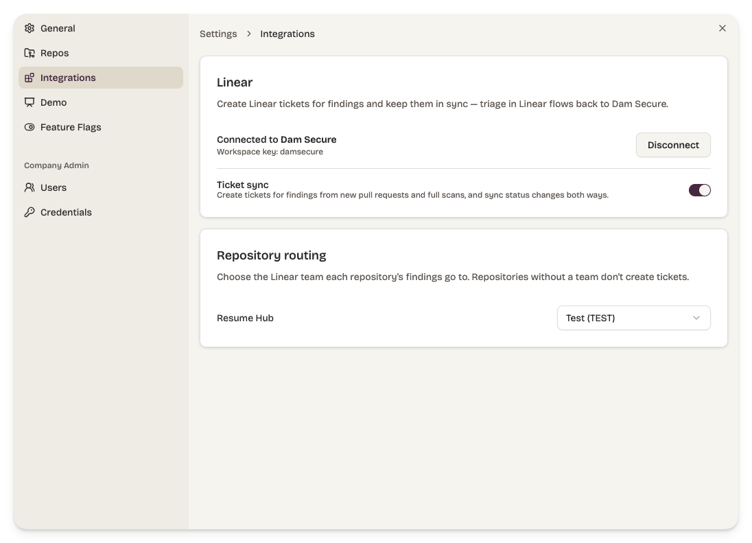 Settings → Integrations showing Linear connected, ticket sync enabled, and repository routing.