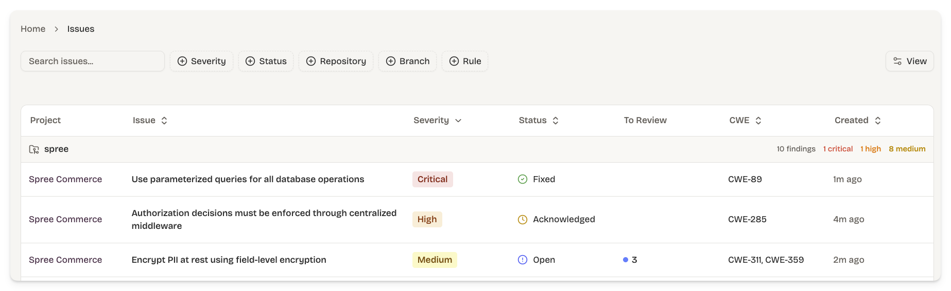 Issues list showing severity, rule, project, and current status.
