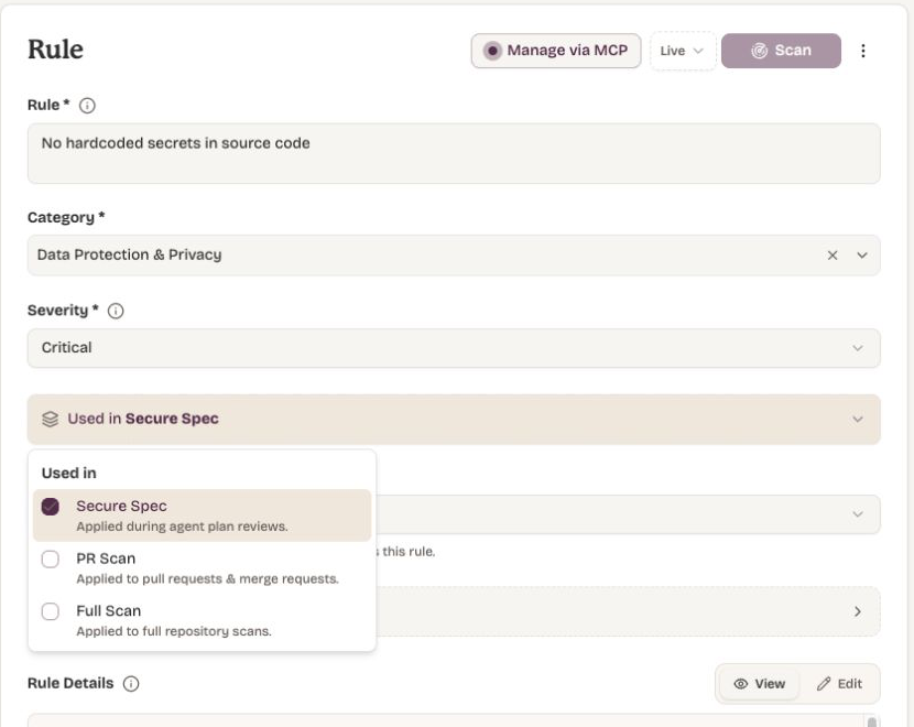 Rule editor showing the products where a rule can be used.