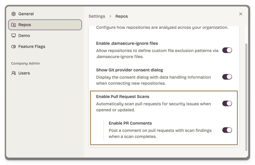 GitHub check run with Dam Secure annotations on a pull request.