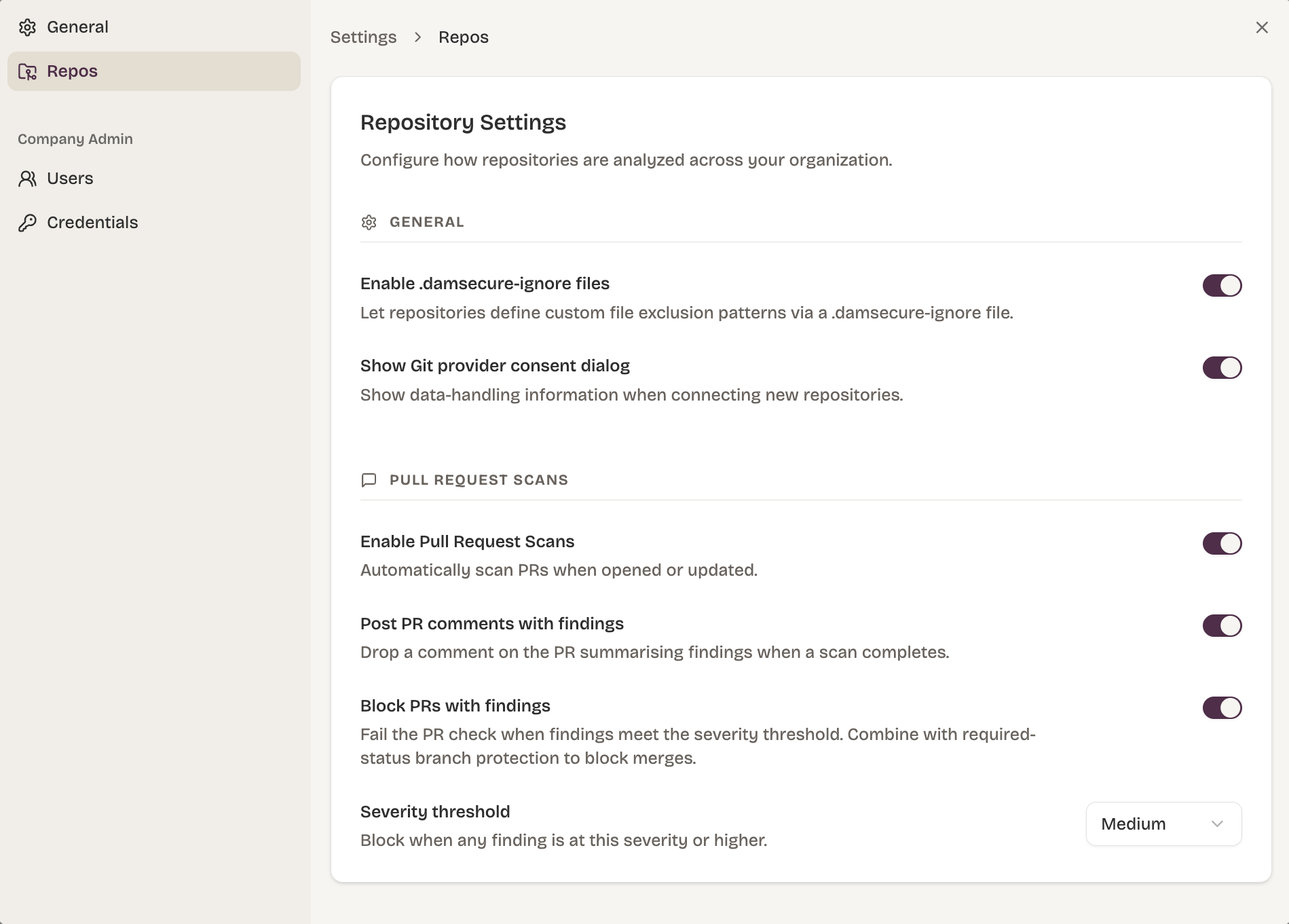 GitHub check run with Dam Secure annotations on a pull request.